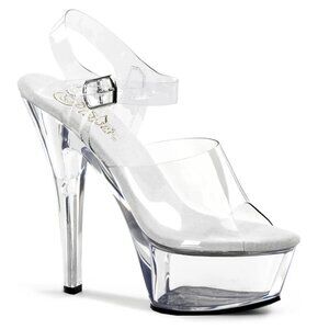 PLEASER CLEAR/SILVER KISS-208 PLATFORM HEELS ANKLE STRAP SANDAL POLE DANCE sz 7